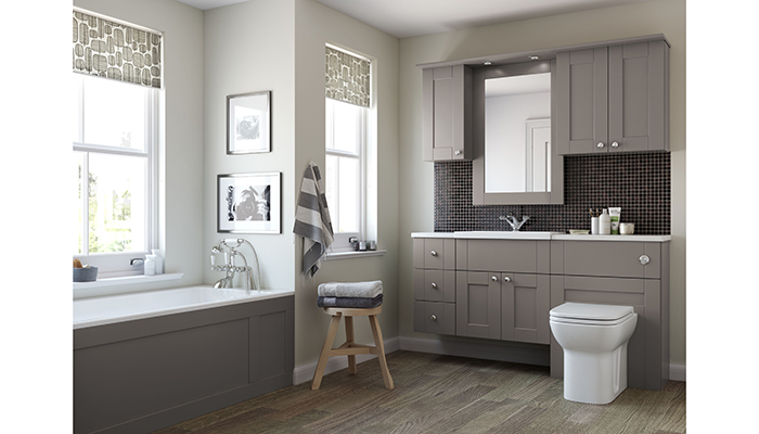 Offering a contemporary twist on a traditional Shaker design, Mereway’s Sargasso range, shown here in pumice, provides the ideal storage in a family bathroom. Mereway also offers Lustre worktops which have SteriTouch® included within the gel coat for increased protection against bacteria and mould