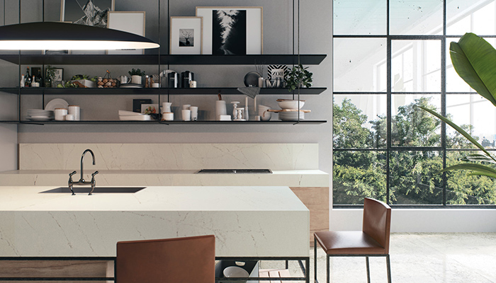 A misty white base with soft strokes of earthy veining, Caesarstone’s 5112 Aterra Blanca work surface is the ideal choice for a monochrome kitchen design