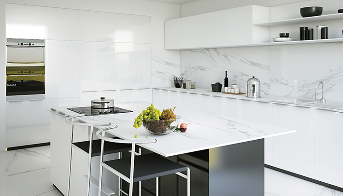 Maximus porcelain tiles from RAK Ceramics are available in three thicknesses and a wide range of finishes and sizes, from the smallest at 60cm x 120cm up to mega slabs measuring 135 x 305cm. Pictured is Classic Carrara, a marble-inspired porcelain tile that makes a striking impression on worktops and splashbacks