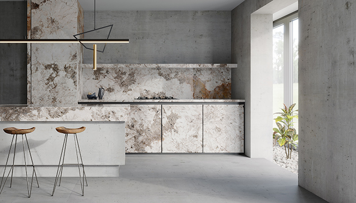 Patagonia by Apavisa, a porcelain slab that features dramatic swirls of earthy colours that exaggerate the patina of a natural marble, is proving popular in the kitchen market