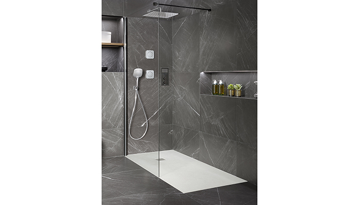 With a colour LCD display and touch controls, Roca’s Smart Shower allows users to pre-set maximum temperature and flow rates to control water and energy usage, which can also be monitored through the company’s app 