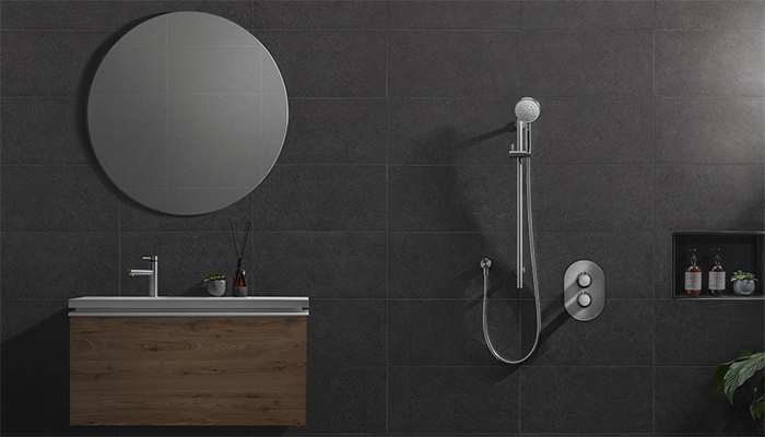 New Zealand-based brassware manufacturer Methven’s award-winning Türoa showerheads feature V-Jet spray technology, which helps to reduce water flow to nine litres per minute. Pictured is the Türoa Rail shower
