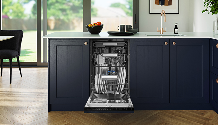 Recently launched, Rangemaster’s slimline Premium 45cm dishwasher holds up to 10 place settings and uses just nine litres of water on its eco programme. Its nine programmes also include Smart 50°C-60°C and Mini 14, a 14-minute cycle. This fully integrated model has touch controls with a black panel and white LED display