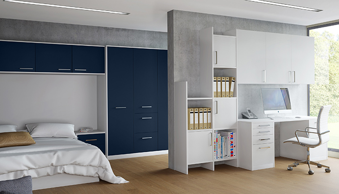 Zeluso collection – Midnight blue bedroom & Lifespace white desk space 