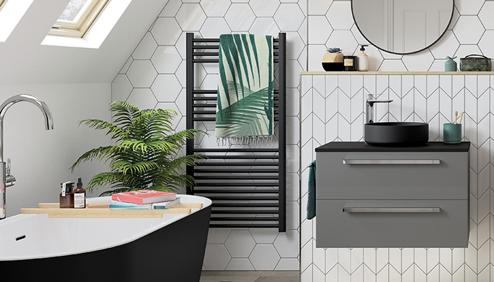 The Qubos ladder radiator in Anthracite from Bathrooms to Love by PJH measures 1110mm x 500mm and provides a heat output of 636 watts or 2171 BTU. It’s suitable for gas central heating, but can be teamed with an electric heating element kit from BTL to convert it to electric or dual fuel