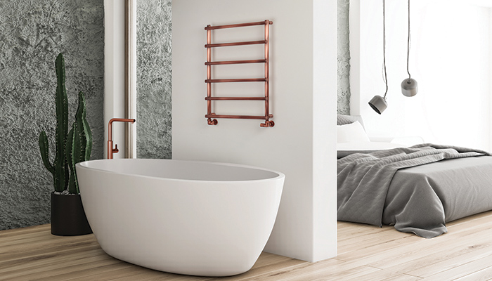 Manufactured in Italy, the Lara towel rail from MHS Radiators is available in a variety of finishes which are achieved by using a specialised electro-chemical process. The central heating version shown above in Antique Copper measures H74cm x W53cm and provides 173 watts heat output or 590 BTU