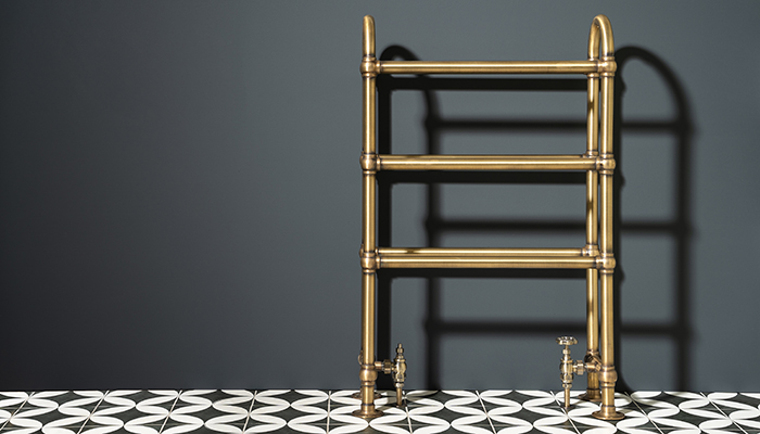 The freestanding Eaton heated towel rail from Rutland London is handmade in England from DZR brass and hand silver soldered Italian ball joints. Manufactured to order, it’s available in four standard sizes – including 775mm by 685mm, shown above – alongside over 20 finishes and three heating options. It has a heat output of 308 watts or 1050 BTU