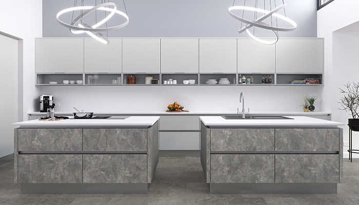 Ideal for consumers keen to create the look of natural stone without the price tag, Crown Imperial’s stone-effect Zeluso Rock grey makes a statement on the dual islands in this handleless design. Blending beautifully, the wall and base units are in Grey Silk, enhancing the natural light within the space