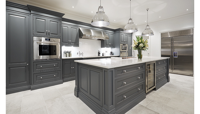 The deep tones of the sophisticated dark grey Dewberry paint enhance the timeless look and feel of Tom Howley’s handmade Devine kitchen. It is teamed here with Wolf appliances and Lyra Silestone Quartz worktops 