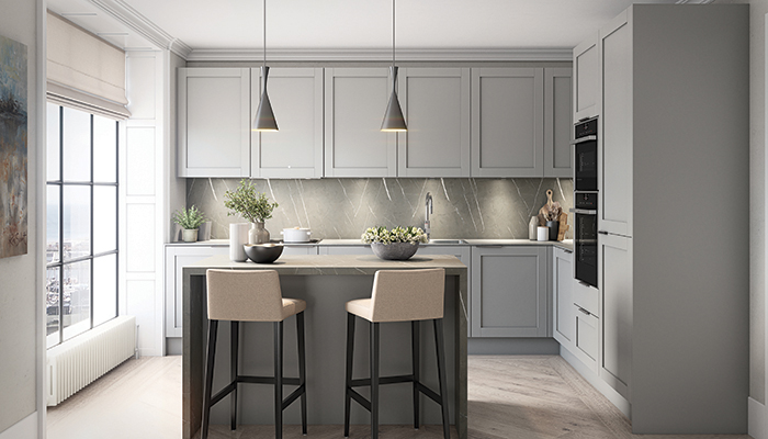 Perfect for clients with young families, Daval’s 5-piece Shaker-style Falmouth Dust Grey door has an anti-scratch foil finish. Other colour options include Dove Grey, Charcoal, Cashmere, Talpa and Portobello