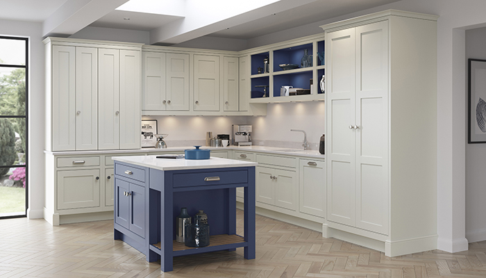 Mereway Kitchens has teamed Light Grey with Tyrolean Blue, two on-trend shades, on its English Revival Signature range. The pale grey cabinetry along the walls allows the dark blue island to take centre stage in this classic two-tone design  