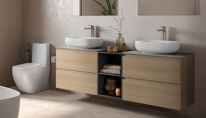Ideal for clients keen to create a boutique hotel vibe with ‘his and hers’ vanity units, the RAK-Joy modular furniture range from RAK Ceramics is available in a range of widths and finishes, including Scandinavian Oak, pictured