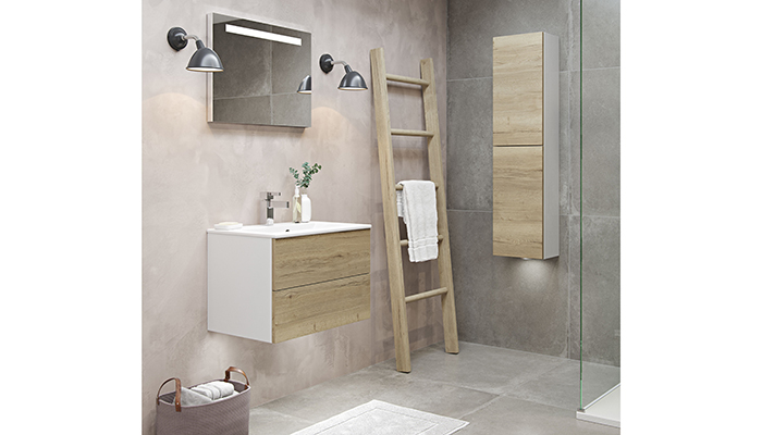 Featuring a warm woodgrain finish, Mereway Bathrooms’ contemporary Vogue vanity unit and tall cabinet in Natural Oak and white meets the demand for simple styling and clean, uncluttered spaces