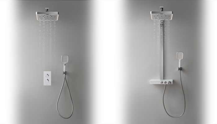 Left: BubbleSpa thermostatic shower set with wall or ceiling mounted shower head, retailing at £1,199 inc VAT. Right: BubbleSpa thermostatic shower system, retailing at £1,499 inc VAT.
