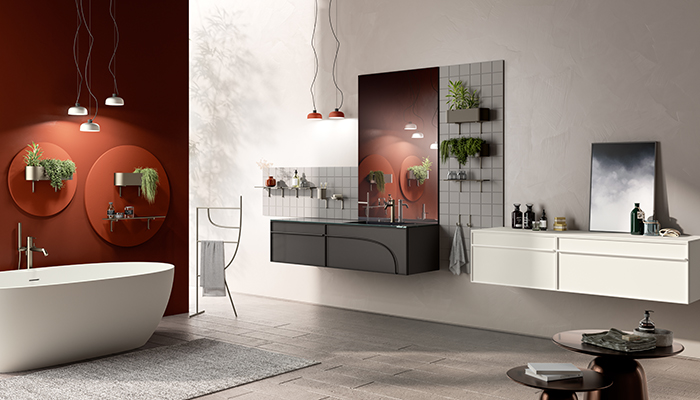 Jeometrica bathroom scheme featuring wall panels in Rosso laminate, accessories in Titanium and furniture in Prestige White and Iron Grey 