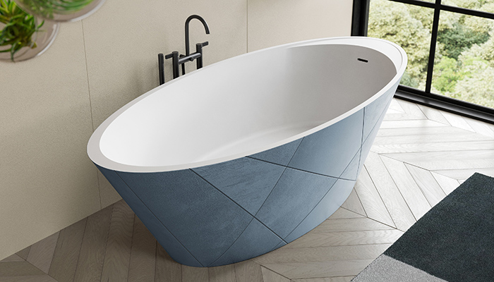 The award-winning Opal Quiz freestanding bath is newly available in a two-colour version. It is seen here in baby blue with a white interior