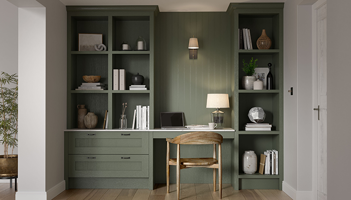 Floor-to-ceiling units provide open and closed storage in this design from PWS which features Mornington Shaker furniture in Regiment with Belgrave pull handles from the Black Collection