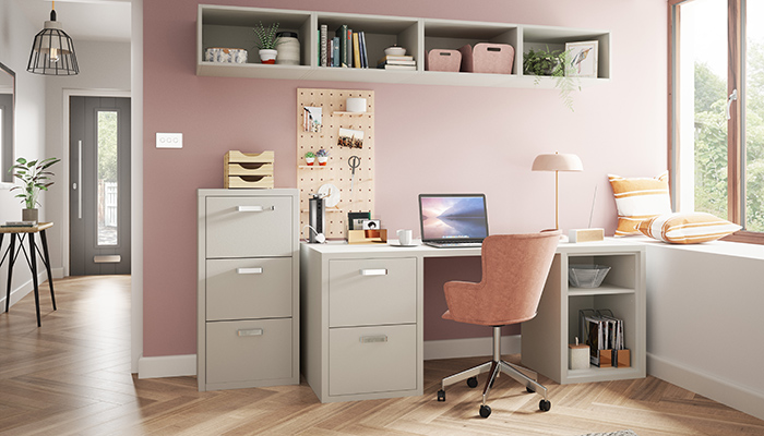 Symphony’s contemporary Urbano home office collection incorporates tall and low-level filing cabinets, which are available with locks, as well as open base cabinets and desks in a variety of sizes. It is pictured in Matt Cashmere