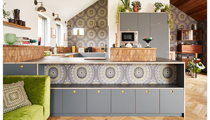 Plykea offers bespoke plywood doors, drawer fronts, worktops and cover panels for IKEA kitchen cabinets. This interior designer’s delight features Fenix Grigio Bromo, Formica Chrome Yellow and Walnut ply all with semi-recessed circle pull handles