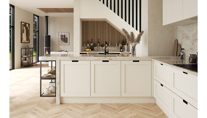 Part of the Outline Collection from PWS, the Hunton Edge collection in Porcelain is shown here with both colour matched and Carbon integrated handles and a Dekton Targa Gloss worksurface