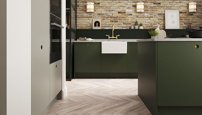 PWS’ Porter Portal cabinets in Bay Green, Dust Grey and Sage work beautifully with contrasting Brushed Brass and Walnut integrated handles and a Strata Quartz Trinity Concrete worksurface. This range is part of PWS’ Outline Collection