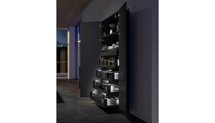 Hettich’s AvanTech YOU larder with lighting is available with five drawer heights and various widths. The lighting is powered by a rechargeable battery pack so no electrical connections are required