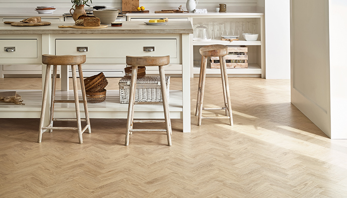 The Form collection from Amtico has a super-tough wear layer for durability, and antimicrobial technology to provide protection against potentially harmful bacteria – especially beneficial in a kitchen. It’s shown here in Eventide Oak in a Large Parquet laying pattern