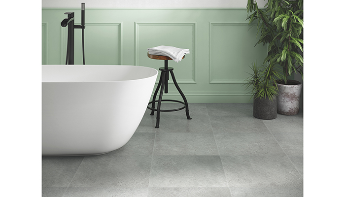 Malmo’s Freedom stickdown LVT flooring is ideal for bathrooms as it is completely waterproof to its core, R10 slip-resistant, inherently warm underfoot and suitable for use with water-piped underfloor heating systems. Shown here is the Dala tile design