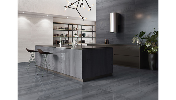 Metax Lux by Azteca is a rectified porcelain format for walls and floors offered in blue, oxide or superwhite. The tile has a subtle lappato shine and is softly streaked