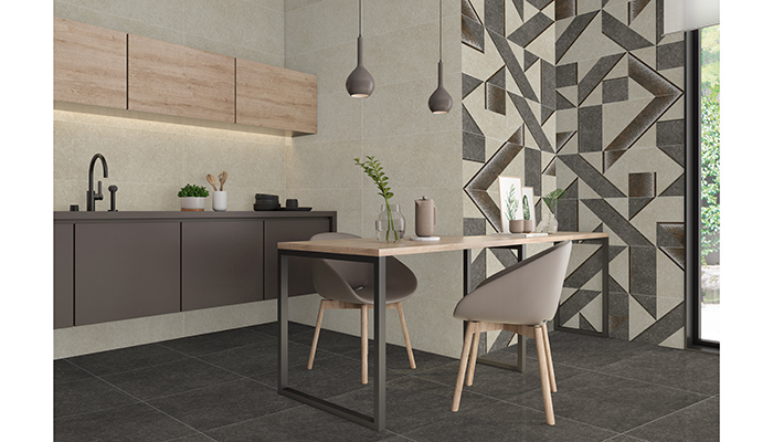 Valletta by La Platera is a porcelain stone-effect in a matt finish offered in beige and grey alongside a striking geometric décor that’s ideal to create a feature wall