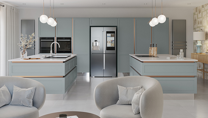 One of Crown Imperial’s latest launches, the handleless Shenaya kitchen, pictured in Sage, has copper profiles and mirror plinths, which enhance its contemporary aesthetic  
