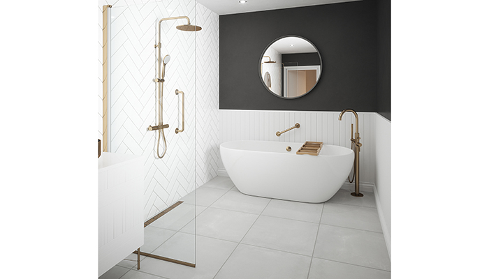 Bathroom design featuring the new Antique Brass Grab Rail from Rothley