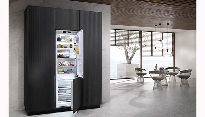 Miele’s top-of-the-range built-in KFN 7795 D fridge-freezer has a 175L fridge and 71L freezer and is D-rated for energy efficiency. It uses the brand’s PerfectFresh Active technology to keep food fresh for five times longer, with a fine mist waterfall sprayed on to the contents of the crisper drawer. It has a TFT Touch Display and can also be controlled by the Miele@home app