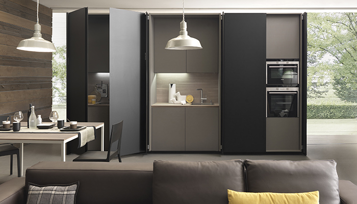 DesignSpace London offers Studio by Modulnova, a concept ideal for creating a fully functional hidden kitchen in studios and open plan spaces. Each Studio kitchen is individually designed and made to order with foldaway pocket doors – available in Modulnova’s choice of external and internal finishes – either built-in or as a single or double-sided freestanding module to form a room divider