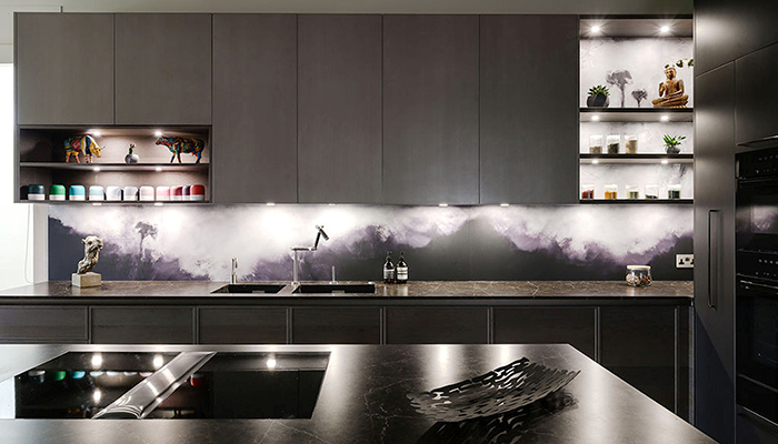 Bespoke Monochrome splashback by Red Dog Glass Design made and installed by Optidek