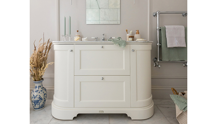 The Bayswater Pointing White Vanity Unit with Grey Carrara worktop creates an impactful focal point on entering the room