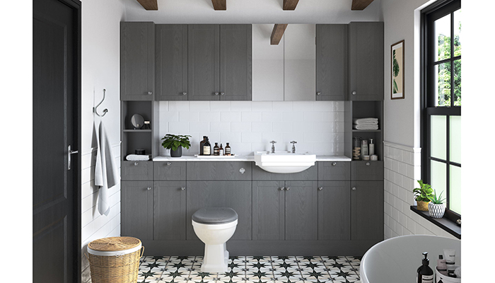 Bathrooms to Love by PJH meets the continued demand for grey with its Benita fitted furniture in Grey Ash/woodgrain-effect finish, with a Shaker-style door and brushed chrome beehive handles 