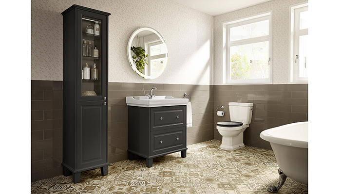 Designers can achieve a striking look with Roca’s 800mm Carmen vanity unit with two drawers and a basin in Anthracite Satin. It’s accompanied by the Carmen 1900mm reversible column unit