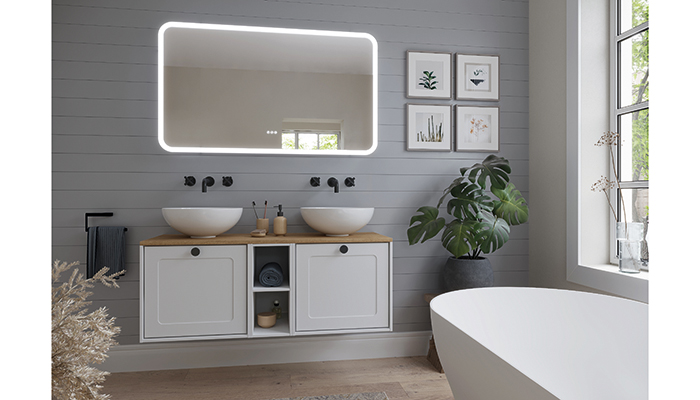 Crosswater’s Infinity range is a perfect example of how Shaker style can work successfully in a more modern bathroom design. Shown here is the 1200 Framed Unit in Matt White with Windsor Oak worktop
