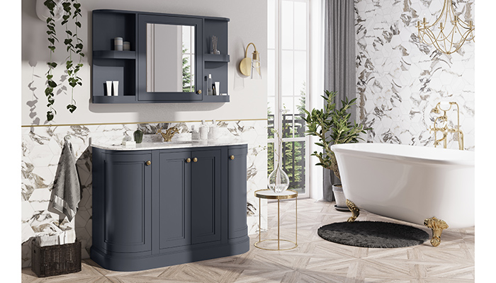 Cubico’s Cromwell curved 1200mm unit comes in either white or Midnight Grey, shown here. Matching tall storage units, WC units and mirrors are also available for a cohesive look