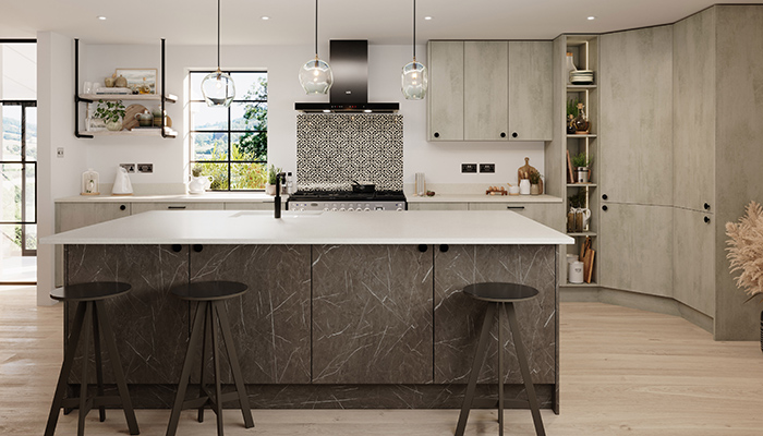 The new Eterna collection is an 18mm MFC slab door manufactured from 100% recycled material, shown here in Ossido Grigio with island in Patagonia Marble, and Matt Black OceanIX handles in recycled plastic
