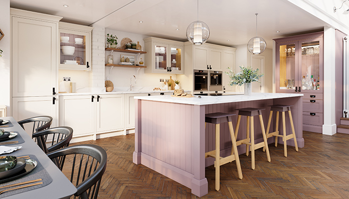 The new Thistleton collection is a painted smooth Shaker door with a slim frame, available in a palette of 30 colours and in LochAnna’s Colour Match Service, shown here in Porcelain with island in Desert Pink