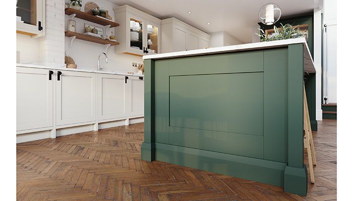 New Thistleton feature island end panel in Heather Green, complete with modular pilasters and modern skirting plinth