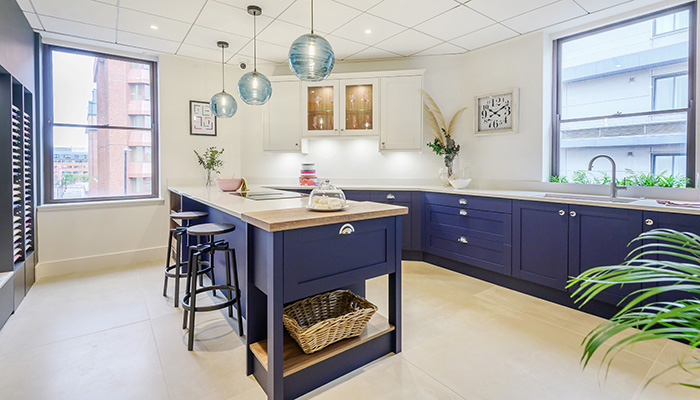 Masterclass kitchen furniture Summerton Inkwell and Scotts Grey, with Blanco ANDANO 500/180 U in Stainless Steel, and Blanco CANDOR-S Tap in PVD Steel, with Silestone Miami White worktops