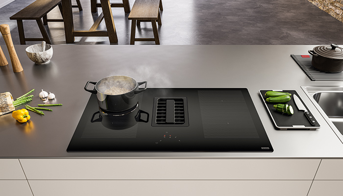 Excelling in energy efficiency as well as extraction performance, Franke’s new Maris 2gether hob extractor offers an energy rating of A++. The frameless design in stylish black glass features a fully integrated extractor positioned between induction hobs with four cooking zones, all operated via a discreet touch panel. It boasts eight extraction speeds plus two intensive settings with an extraction rate of 700 m3/h