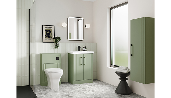 Nuie’s Deco collection features a part-fluted design for those looking to add a flourish without committing to a door with all-over texture. Shown here in Satin Green is the 500 WC unit, 400 tall unit and 500 FS two-door vanity unit