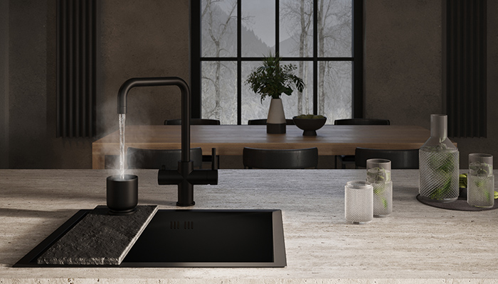 Design+ 4 in 1 taps dispense freshly filtered boiling and cold water as well as standard hot and cold water from a single spout. It is pictured here in matt black