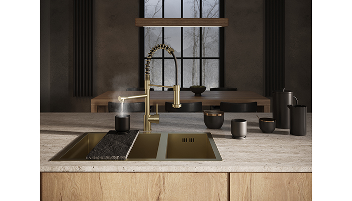 Seen here in brushed brass, the Pro Flex’s instant hot water spout is separate to the flexible main hose