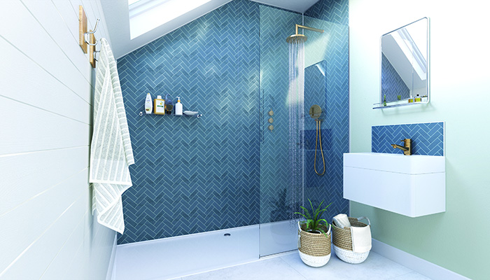 Ideal for consumers that love the look of tiles, Showerwall’s Navy Herringbone bathroom wall panels have a smooth, glass-like finish and come with a 30-year warranty