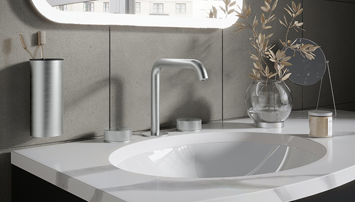 Boasting a contemporary design, premium precision finish and an extraordinary lifespan, Crosswater’s 3ONE6 range features a variety of brassware products, ranging from taps and bath fillers, to shower valves and soap dispensers. The three-hole basin set shown is made from 316 stainless steel which has a material composition of 16% chromium, 10% nickel, and 2% molybdenum, resulting in superior corrosion resistance, impact resistance, and durability, as well as being a sustainable raw material that is 100% recyclable. It can be regenerated and reused time and time again without any reduction in quality